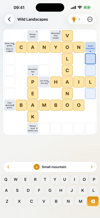 Solving a puzzle: clues inside the grid and a letter keyboard below
