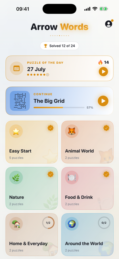 Arrow Words Puzzle home screen with the daily puzzle and themed packs