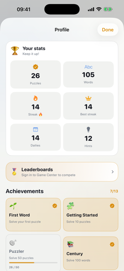 Player profile with statistics and achievements